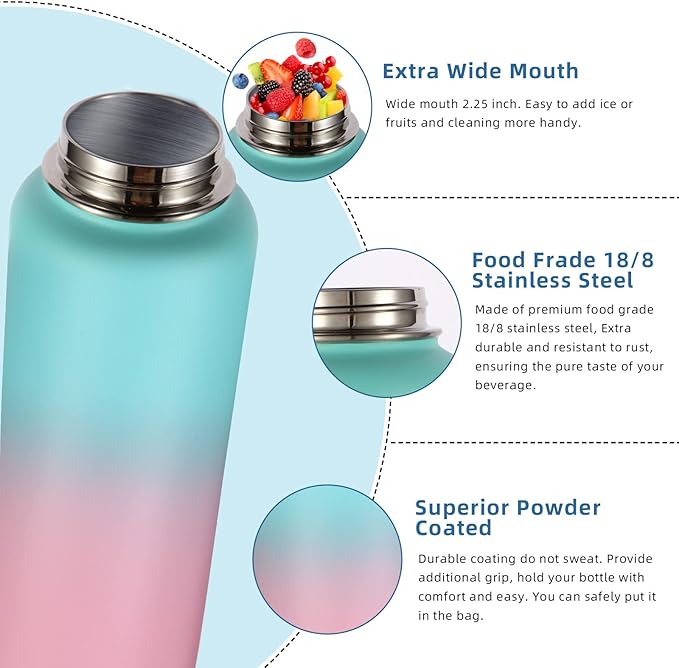 Volhoply 32 oz Insulated Water Bottle with Straw Lid & Spout Lid,Stainless Steel Sports Water Bottle,Double Wall Vacuum Cups,Leakproof Wide Mouth Metal Flask,Keeps Cold or Hot(Green Pink,1)