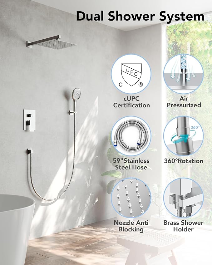 Shower Faucet Set Shower System - Rainfall Shower Head with Handheld Spray Hose 10 Inch Shower Faucet Kit with Valve Wall Mount Bathroom Shower Fixture Filter Accessories Trim, 2.5GPM,Brushed Nickel