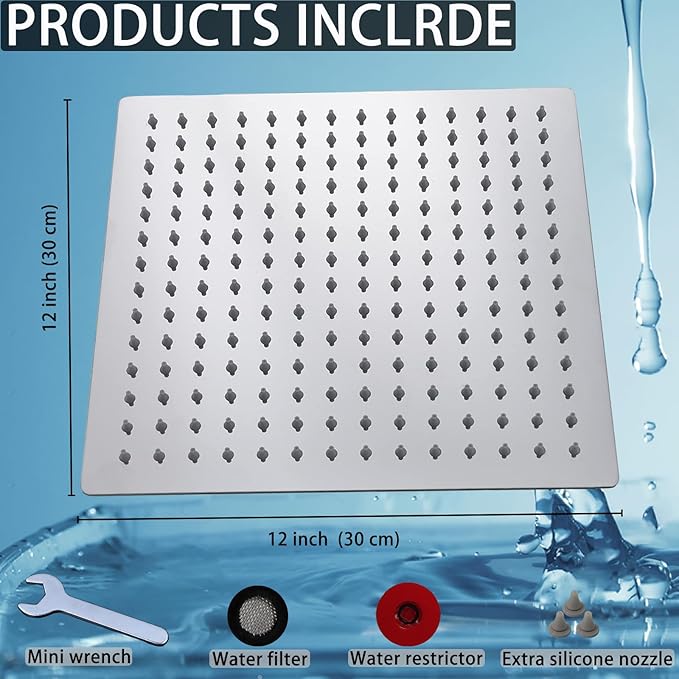 Filtered Shower Head, Stainless Steel High Flow Rainfall Showerhead with 15 Stage Hard Water Filter Cartridge for Remove Chlorine and Harmful Substances(Chrome,12")