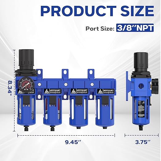 3/8 Inch NPT 4 Stage Air Drying System,Brass Filter, Coalescing Filter,Double Desiccant Dryers & Air Regulator,Metal Bowl, Semi-Auto Drain,Industrial Grade(Blue) - AquaVibe