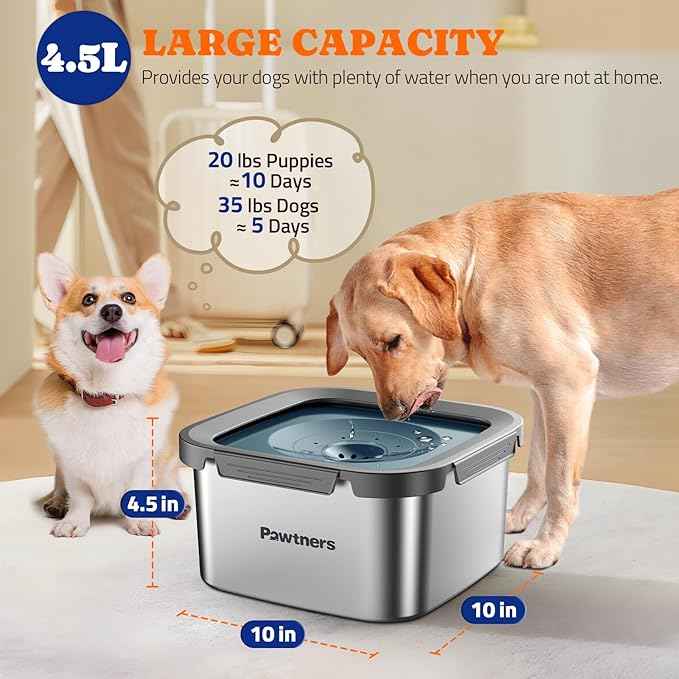 Pawtners Dog Water Bowl No Spill, 152oz/4.5L Stainless Steel Dog Floating Bowl, Slow Water Bowl for Dog with Filter, Non-Slip Base, No Splash Water Bowl for Medium Large Messy Drinkers Blue