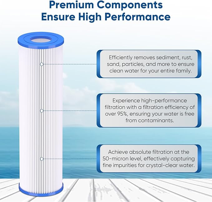 PUREPLUS 50 Micron Whole House Pleated Sediment Filter for Well Water, Replacement Cartridge for Universal 10 inch RO System, W50PE, WFPFC3002, SPC-25-1050, FM-50-975, 801-50, WB-50W, 6Pack