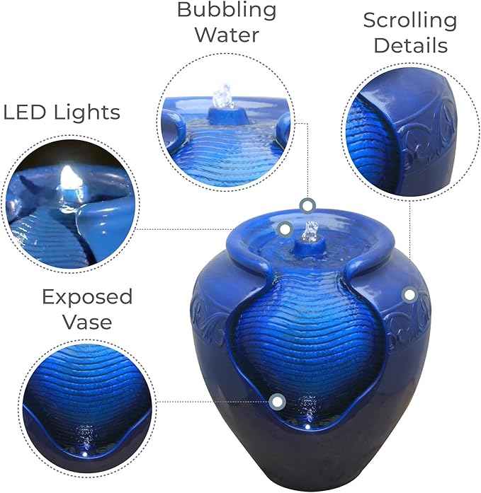 Teamson Home 16.96 in. Outdoor Glazed Pot Water Fountain with LED Lights, Built-in Pump to Create a Calming Oasis in Gardens, Landscaping, Patios, Balconies, Lawns, Royal Blue