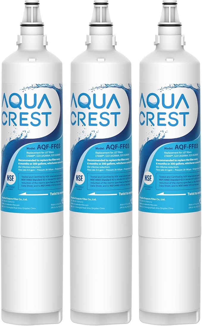 AQUA CREST 5231JA2006A Replacement for LG® LT600P® Refrigerator Water Filter, fml-2, Kenmore® 46-9990, Kenmore® 9990, 5231JA2006B, RWF1000A, LFX25960ST, LSC27931ST, 3 Filters