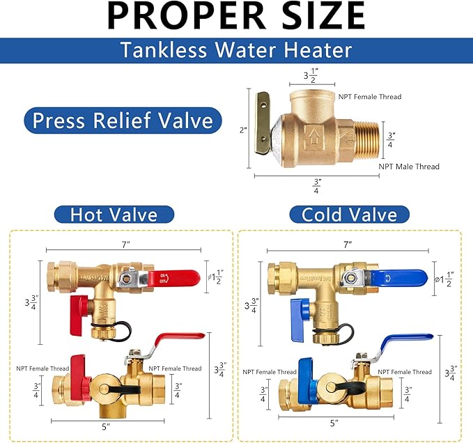 3/4 Inch GUOFIS IPS Tankless Water Heater Valve Kit with Pressure Relief Valve(3/4"FIPx 3/4" FIP),2 Set Water Heater Valve Kit
