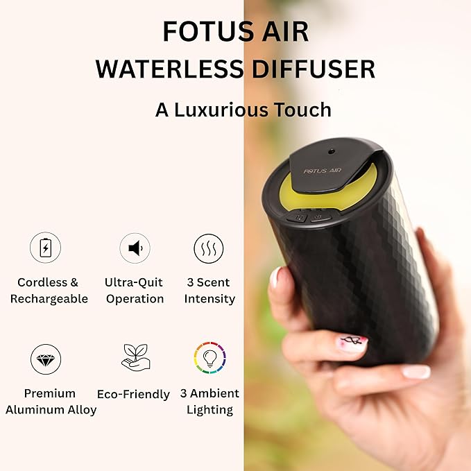Waterless Essential Oil Diffuser - Portable Cordless Aromatherapy Diffuser for Home, Car & Office - 3 Mist Levels - 15ml Oil Capacity Waterless Scent Machine - USB-C Rechargeable