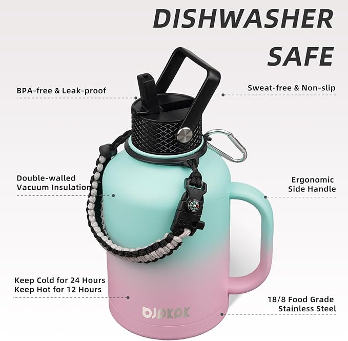 BJPKPK Large Insulated Water Bottles with Straw Lid & Handle, 50oz Water Bottle with 3 Lids and Paracord Strap, Stainless Steel Metal Water Bottle, Insulated Water Jug, Marshmallow