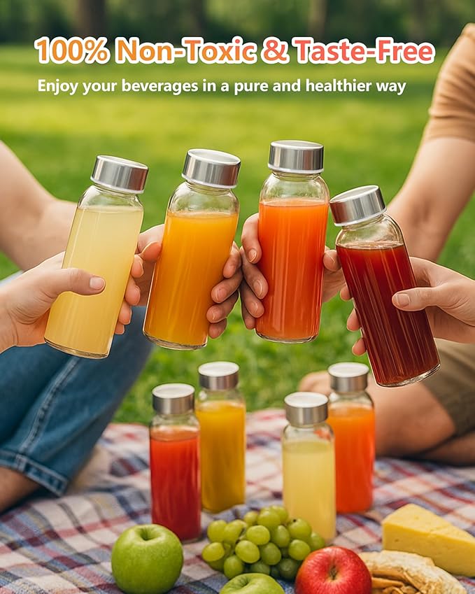 Zukro Glass Water Bottles with Gold Lids 10.5 oz, 6 Pack Clear Reusable Glass Small Juice Bottles for Juicing, Milk, Ginger Shot, Stainless Steel Cap, BPA-Free Leak Proof 300ml Drinking Container Jar