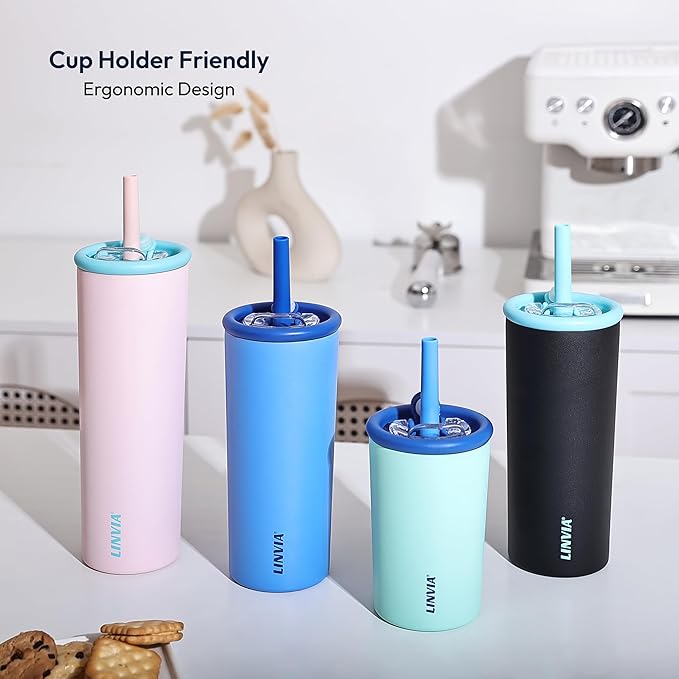 Candy Tumbler, 25 oz Kids Insulated Stainless Steel Water Bottle with Spill Resistant Silicone-Metal Straw and 2-in-1 Lid, BPA-Free, Cup Holder Friendly, Dishwasher Safe, Pastel Pink