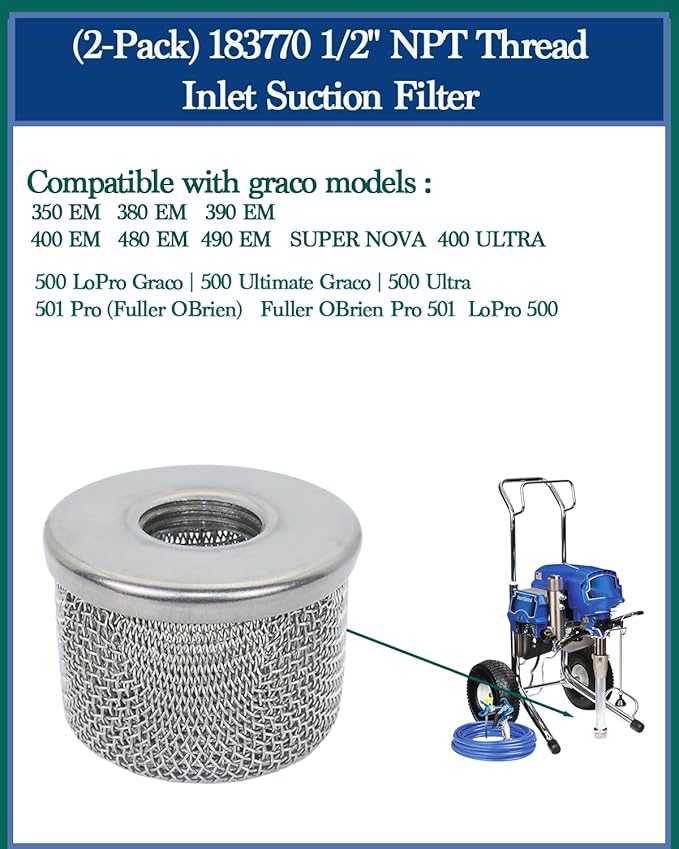 (2pack) 181073 Pump Inlet Strainer Filter 1/2" NPT Thread, Double-Layer Stainless Steel Compatible withGraco 350 EM,380 EM,390 EM, 400 EM, 480 EM, 490 EM,500, Super NOVA, Paint Sprayers - AquaVibe