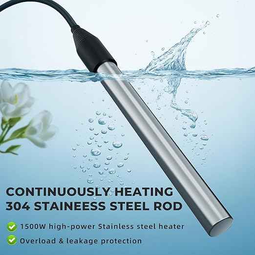1500W Immersion Water Heater with Timer, Electric Fully Submersible Pool Water Heater, 24H Precise Temp Control for Baptistery, Hot Tub, Bucket, Camping Stock Tank, Bathtub, Small Inflate Pool