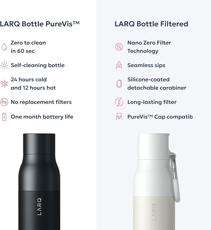 LARQ Bottle PureVis 17 oz - Self-Cleaning and Insulated Stainless Steel Water Bottle with UV Water Purifier and Award-winning Design | Reusable & Travel Friendly, Obsidian Black