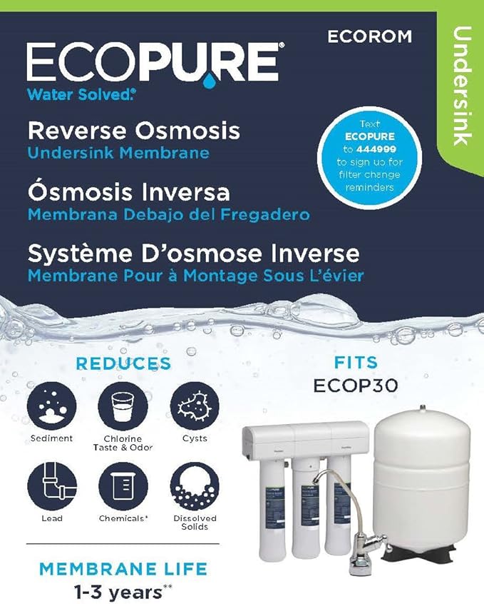 EcoPure ECOROM Reverse Osmosis Membrane Replacement – Fits ECOP30 & Select Kenmore & Brita RO Systems – NSF-Certified Stage 2 Filter – Reduces TDS, Lead, Chlorine & More – 1–3 Year Life – Easy Changes