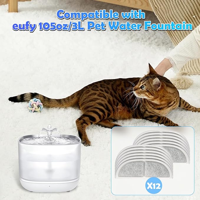 12 Pack Cat Water Fountain Filters for eufy Stainless Steel Water Dispensers 3L/105oz, Triple Filtration System Pet Fountain Filter Replacement for Cats Or Dogs