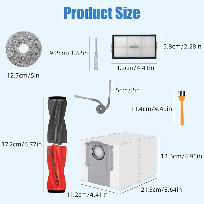 20 Pack Replacement Parts Compatible with Roborock Saros10R Robot Vacuum Cleaner,Parts Include:1 Dual Main Brush,5 Side Brushs,4 Hepa Filter,4 Mop Cloth,4 Dust Bag,1 Cleaning Brush&1 Screwdrive - AquaVibe