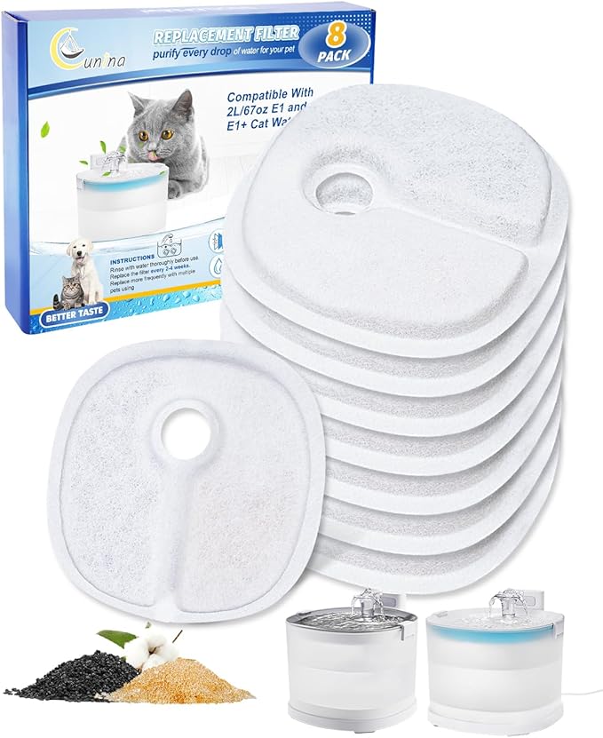 Cat Water Fountain Filter Replacement Compatible with 2L/67oz E1 and E1+ Automatic Cat Water Dispenser Wireless Pet Fountain Battery Operated, Multilayer Filter, 8 PACK - AquaVibe