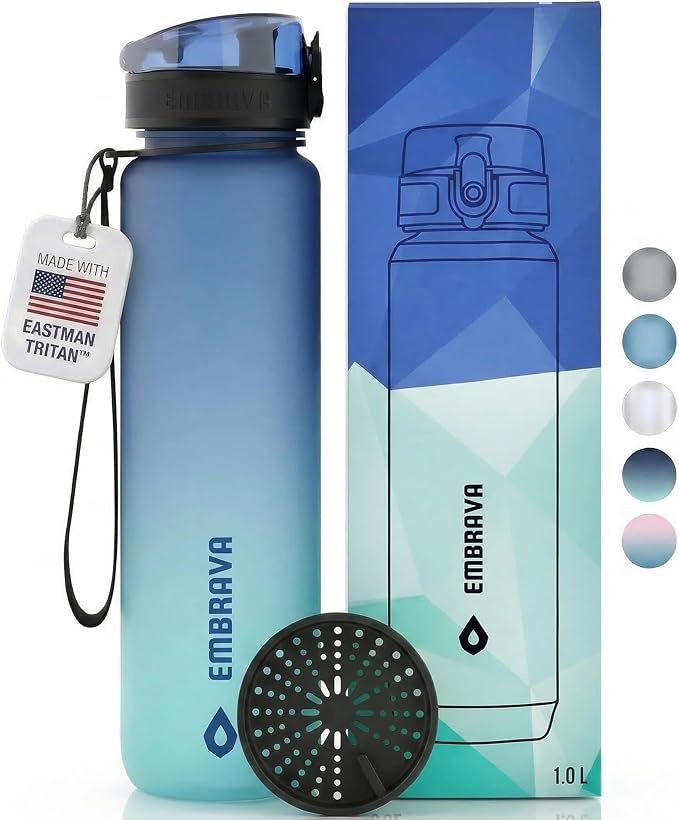 Embrava Sports Water Bottle 32oz - Fast Flow Flip Top Lid - BPA & BPS Free Leakproof Reusable - Lightweight Non-Toxic Tritan Plastic 1 Liter - Gym Hiking Office School Travel