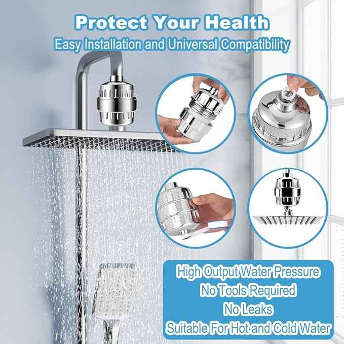 Shower Filter, 20 Stage Shower Head Filter for Hard Water, Latest Advanced Shower Head Filters, with 3 Filter Cartridges, for Removing Chemicals, Chlorine, Pesticides and More（Chrome）