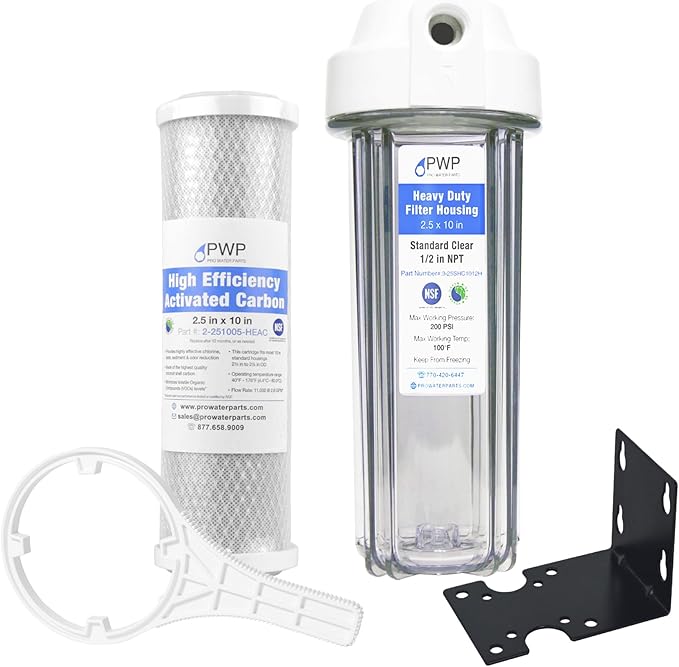 Pro Water Parts Clear RV Filter Housing with High Efficiency Activated Carbon Filter 2.5X10 1/2" NPT Ports Replaces FRE-10H