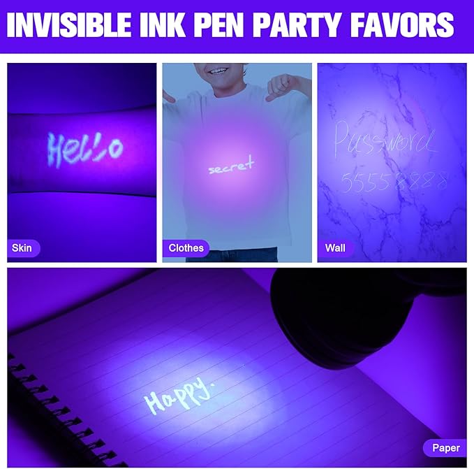 Tegeme 4 Invisible Ink Pen Set 2 Invisible Marker 2 Blacklight Flashlights with UV Black Light Markers Disappearing Ink Pen for Secret Notes Holiday Gifts Favors(51 LED)
