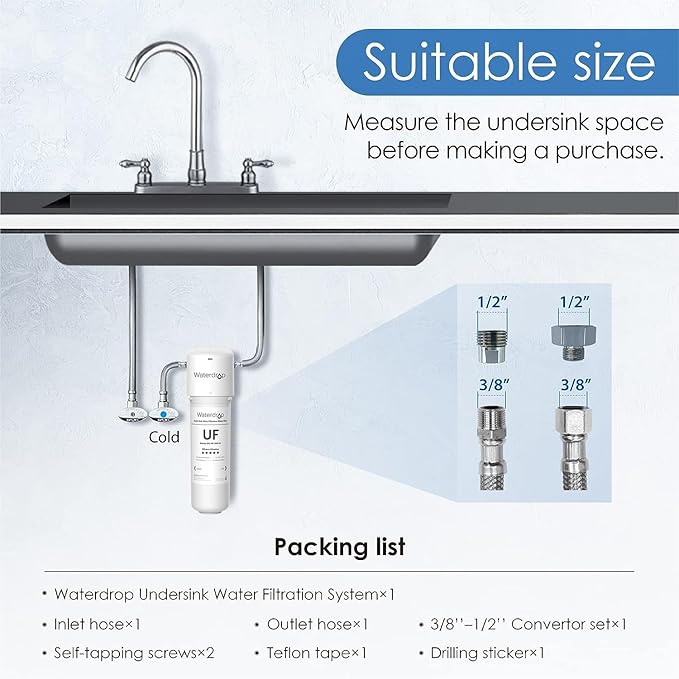 Waterdrop 10UAW-UF 0.01 μm Ultra Filtration Under Sink Water Filter for Baçtёria Reduction, Reduces Lead, Chlorine, Bad Taste & Odor, 8K Gallons, Direct Connect to Kitchen Faucet, USA Tech