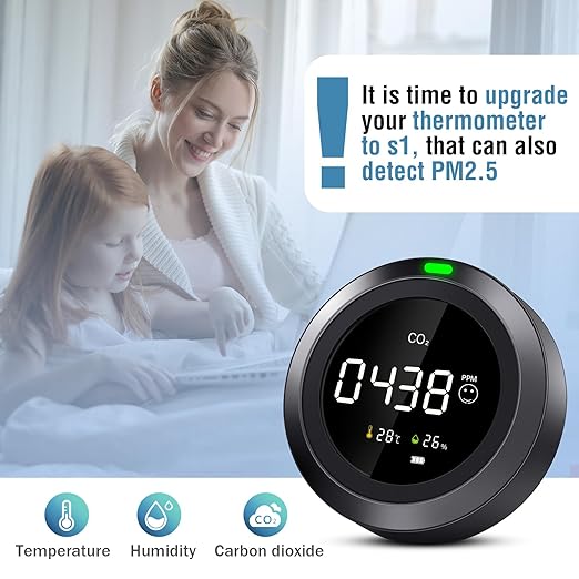 Indoor Air Quality Monitor Test CO2, Temperature & Humidity, Easy Calibration Carbon Dioxide Monitor, CO2 Meter with Real-Time Readings for School, Homes, car, Travel