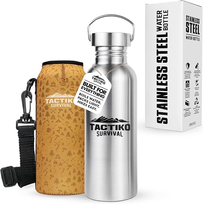 Tactiko Survival 25 oz/750 ml Stainless Steel Wide Mouth Water Bottle, Single Wall Boil-Safe, Leakproof, BPA-Free with Carry Sleeve and Strap for Camping, Hiking, Outdoor Prep (Tan)