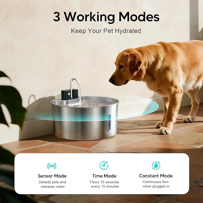 Dog Water Fountain,Wireless Stainless Steel Dog Fountain for Small to Large Dogs,1.8Gal/7L Battery Operated Cat Water Fountain,Water Level Window,Quiet Pump,Multi-Filtration,Easy Clean,3 Filter
