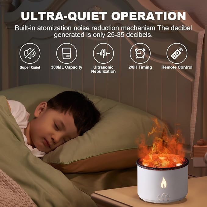 Volcano Humidifier Flame Aroma Diffuser: 300ml Aromatherapy Humidifier Jellyfish/Flame 2 Mist Mode Air Humidifier Remote Control Super Quiet Oil Cold Mist Diffuser for Gym(Double Color Flame)