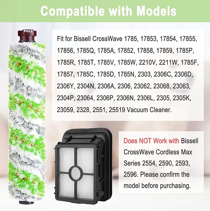 8 Pack Replacement Parts for Bissell CrossWave Pet Pro 2306A & CrossWave 1785 Series 3888A Vacuum Cleaner, 4 Pack 2460 Brush Rolls, 4 Pack 1866 Filters, Compare to Part 1613568&161-3568, 1608684 - AquaVibe