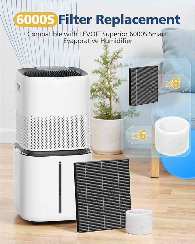 6000S Filters Replacement Compatible with LEVOIT Superior 6000S Smart Evaporative Humidifier, 8 Pack Gray 6000S Wick Filters+ 6 Pack White Top Fill Filters