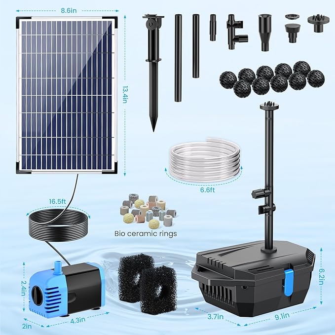 POPOSOAP Pond Filter with 12W Solar Fountain Pump, Solar Pond Filter with 160GPH Pump & Fountain Kit, Outdoor Filter Box with 6.6FT PVC Tubing, Perfect for Ponds Clean, Clear, and Add Water Features