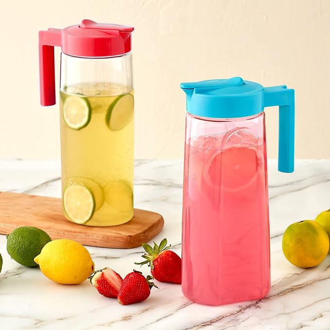 Amazing Abby - Slim - 2-Pack Tritan Pitcher (64 oz), Unbreakable Plastic Water Pitcher with Lid, BPA-Free, Heat-Resistant, Dishwasher-Safe, Great for Both Iced and Hot Drinks, Blue