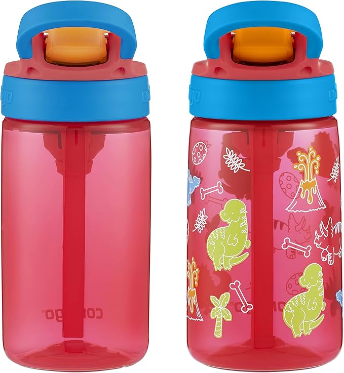 Contigo Aubrey Kids Water Bottle, 2-Pack, 14oz, Watermelon & Dinos, Spill-Proof Lid, Dishwasher Safe, BPA Free, Red and Blue | Kids, Cleanable, with Silicone Straw, Spill-Proof Lid, 2-Pack, Dishwasher-Safe