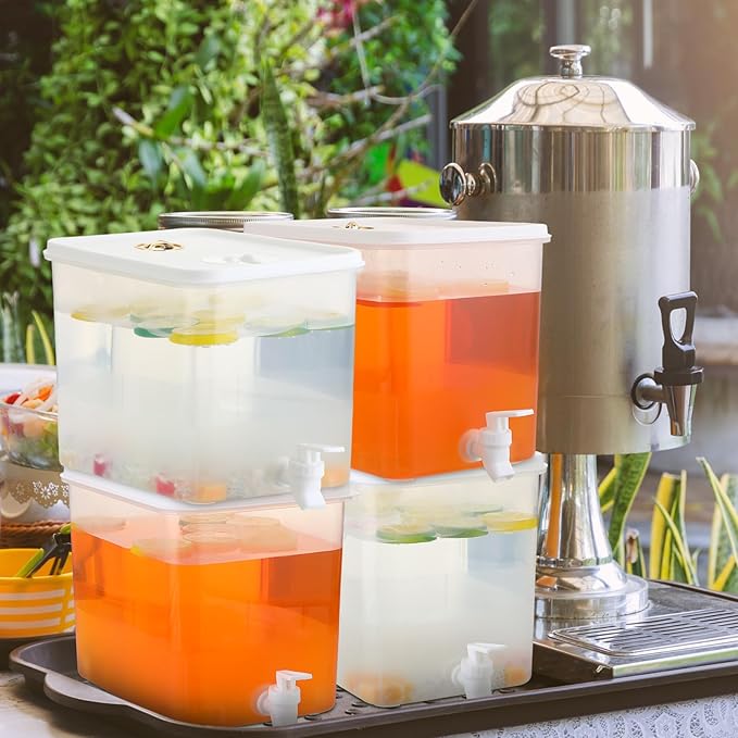 Domensi 6 Pack 2 Gallon Drink Dispenser for Fridge with Spigot Water Dispenser Leak Proof Lids Filter Screen Beverage Juice Container Sealed Plastic Lemonade Milk Cold Hot Drink Tea Jug for Party