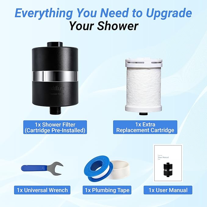 ADX-PRO-7 Long Lasting Titanium Aluminum Shower Filter – Independently Tested to NSF/ANSI 177 Standards, Reduces 99% Chlorine & Heavy Metals, Water Filter (Black, 2 Cartridges & Tool Kit)