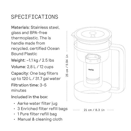 Aarke Purifier Large Glass Pitcher Bundle w/Steel Filter, BPA-Free, 3 Enriched + 1 Pure Granules, 2.8L Pitcher with 1.66L Filtration Capacity