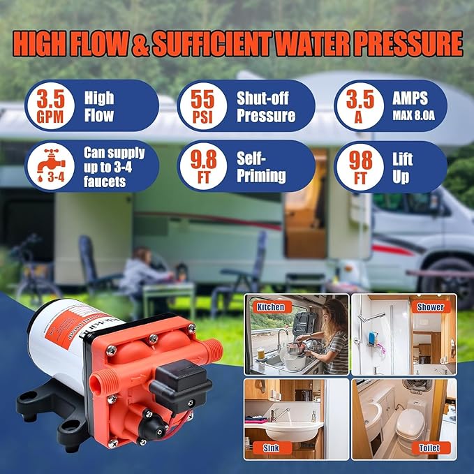 RV Water Pump 3.5 GPM 55 PSI 12V On Demand Diaphragm Pump with Bypass for Reduced Cycling, Quiet Camper Self-Priming Water Pump For RV,Camper,Travel Trailer,Boat,Replacement for 4008-101-A65