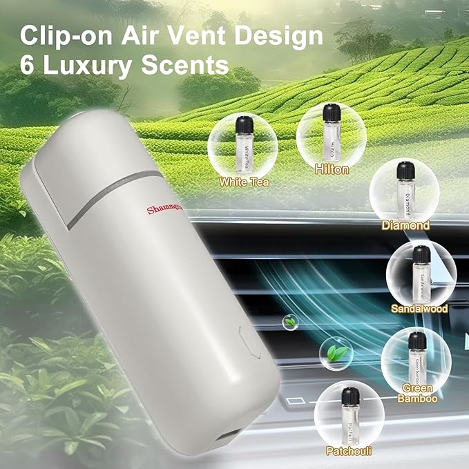 Car Air Freshener Diffuser, Motion Sensor Waterless Essential Oil Diffuser for Car USB Rechargeable Air Freshener with 6 Refill Scent（Hilton/Sandwood/WhiteTea/Diamond/GreenBamboo/Pachuli
