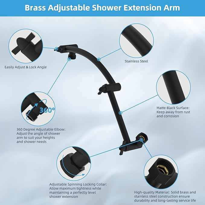 Hibbent All Metal Rain Shower Head, 8'' High Pressure Rainfall Showerhead with 16" Shower Head Extension Arm, Solid Brass Adjustable Shower Arm Extender, Waterfall fixed Showerheads, Matte Black