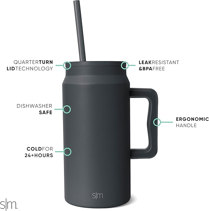 Simple Modern 50 oz Mug Tumbler with Handle and Straw Lid | Reusable Insulated Stainless Steel Large Travel Jug Water Bottle | Gifts for Women Men Him Her | Trek Collection | 50oz | Graphite