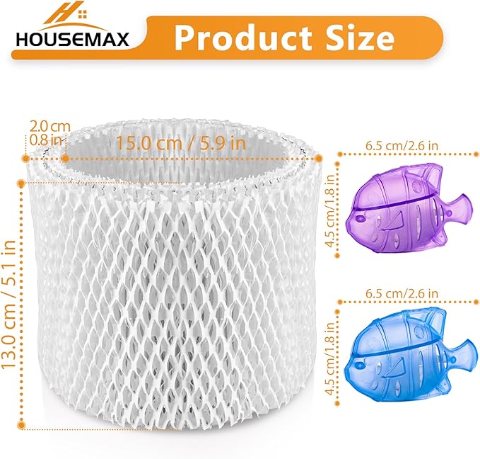 HOUSEMAX 2 Pack WF2 Humidifier Filter Replacements with 2 Humidifier Cleaning Fish, Compatible with Vicks V3100 V3500 V3600 V3700 V3800 V3900, Honeywell HCM-350, Kaz 3020, Sunbeam 1118, ECM-250i