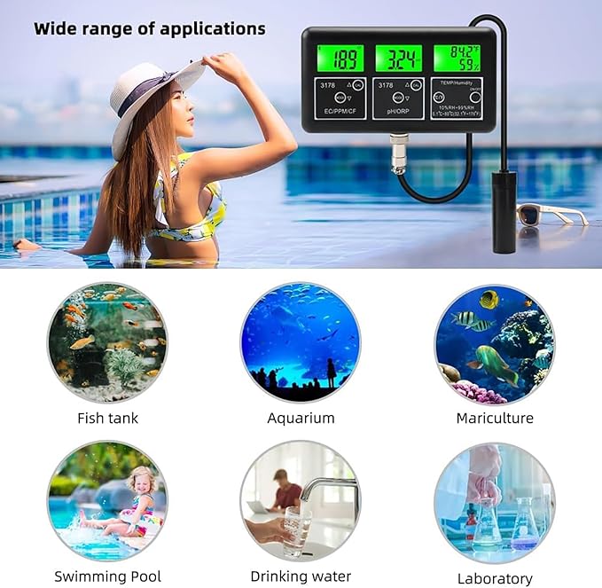 Water Quality Tester Detector, Food Nitrate Tester, Smart PPM PH ORP EC CF Temp Humidity Meter, for Drinking Water, Laboratory Hydroponics, Fish Tank Aquarium SPA Pool