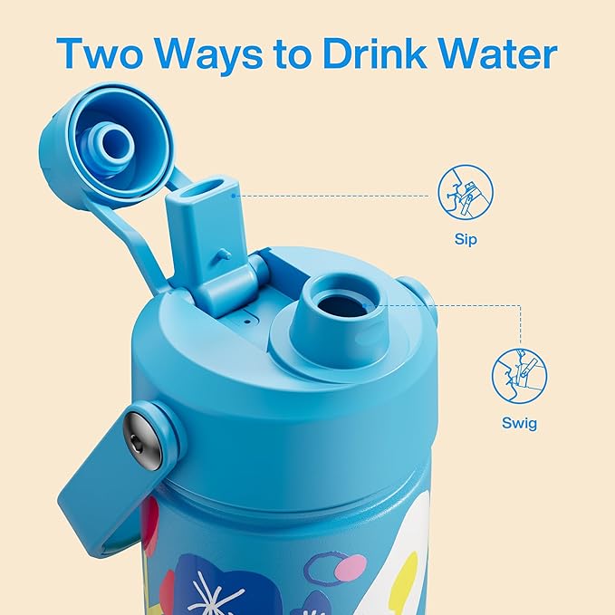 ENCOOL Kids Insualated Water Bottle with Straw,18oz Stainless Steel Water Bottle with Dual Spouts, Leak-Proof,BPA-Free,Double Wall Vacuum Keeps Cold for 24 Hours for Sports,Travel,School (Flower Cat)