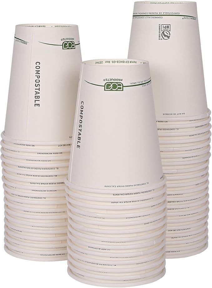 ECO PRODUCTS Compostable Disposable GreenStripe 8oz Coffee Cups, Case of 50, White Single Wall Hot Paper Cup, Plant Based PLA Lining, Biodegradable