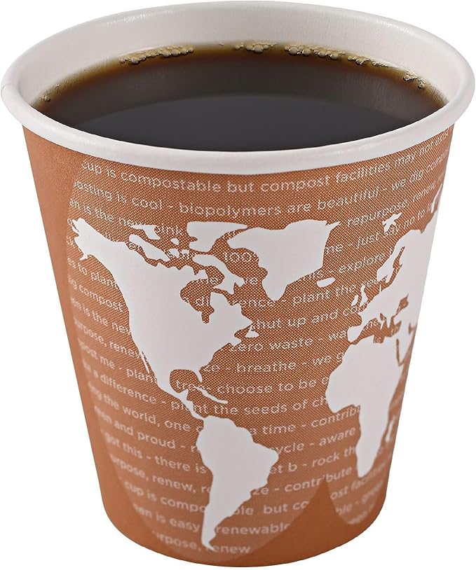 ECO PRODUCTS Compostable Disposable World Art 10oz Coffee Cups, Pack of 50, Renewable Hot Paper Cup, Plant Based PLA Lining, Color Coded