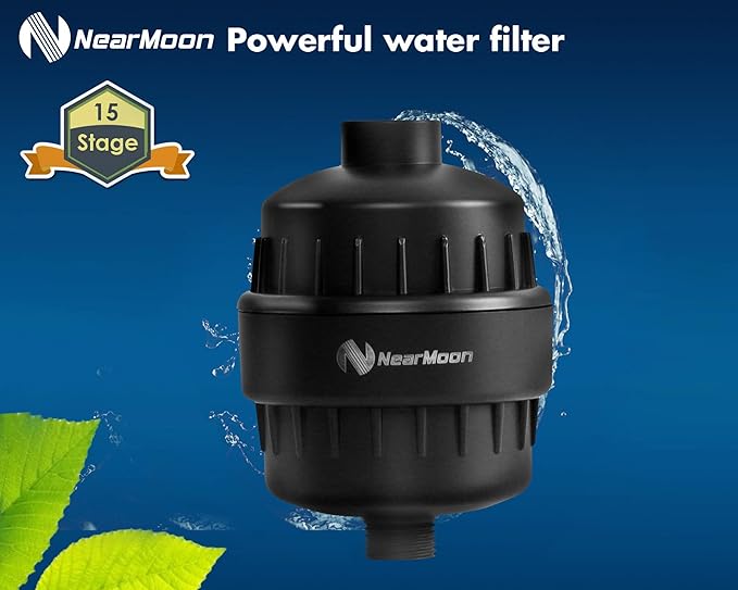 NearMoon Square Shower Head and 15 Stage Shower Filter Combo, High Pressure Filtered Head for Hard Water, Improves the Condition of Your Skin, Hair (Matte Black)