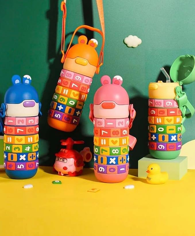 Kids Premium 14 oz Math Water Bottle with Silicone Spout, Leak-Proof Locking Flip Lid, Carrying Strap, Educational, Fun, Learning, Puzzle, Insulated, Stainless Steel, Sensory, Fidget. (Pink)
