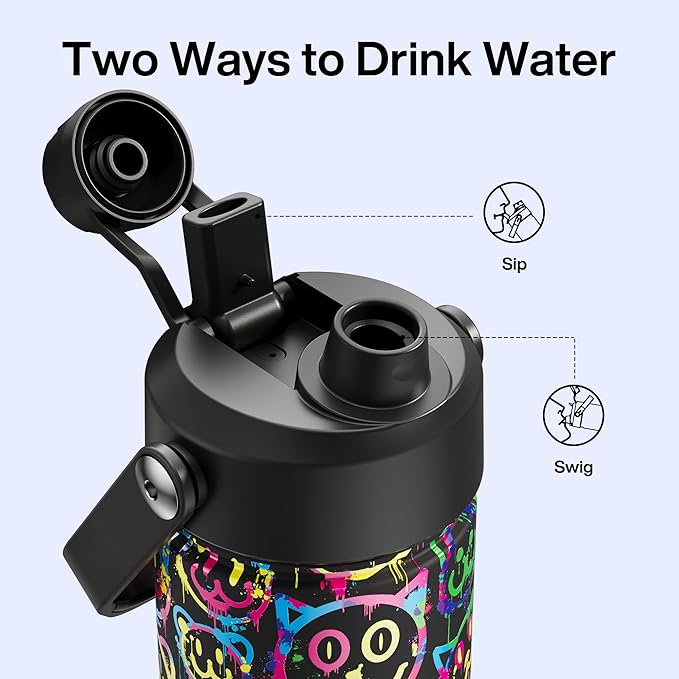 ENCOOL Insulated Water Bottle with Straw Stainless Steel Water Bottle, Leak-Proof, BPA-Free, Double Wall Vacuum Keeps Cold for 24 Hours for Sports, Travel, School (26 oz, Neon Smiley)