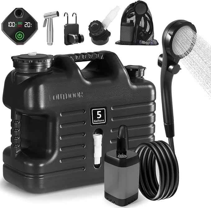 Portable Camping Shower with 5 Gallon Water Jug, 6000mAh Rechargeable Outdoor Camping Shower Kit, IPX7 Waterproof Pump BPA Free Water Containers Camp Essentials